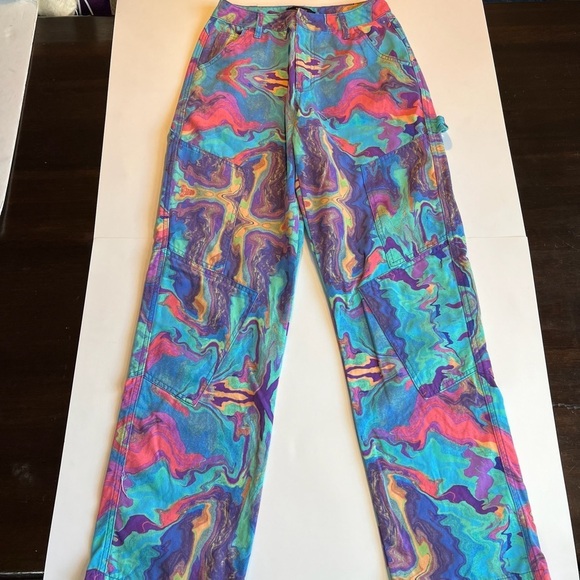 Blue Marble Swirl Trippy Utility Cargo Straight-Leg Pants Bottoms Jeans Sz S Y2K - Picture 5 of 8